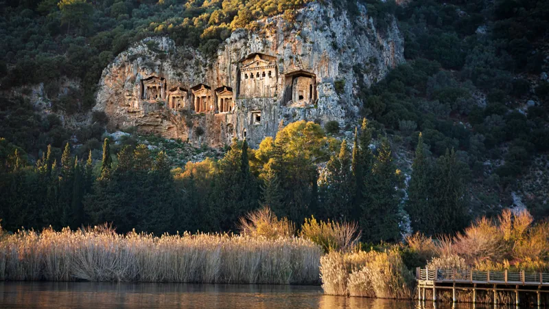 Lycian rock-cut tombs in the cliff face above the Dalyan river