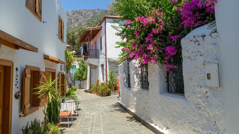 A Kas side street of guesthouses under bougainvillea