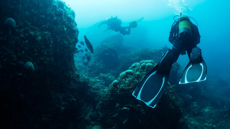 A diver over a reef in the clear water off Kas