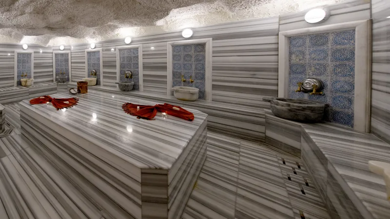The marble interior of a traditional Turkish hammam